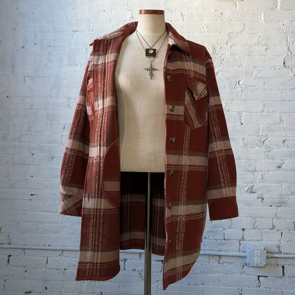 Red Plaid Flannel Jacket Gorpcore Utility Shacket Grunge Boho Chic Earthy Small - Picture 4 of 11
